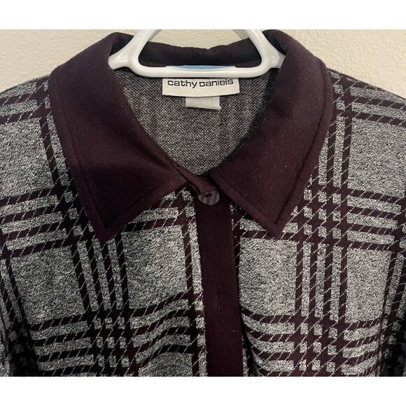 Cathy Daniels Womens Plaid Knit Cardigan Sweater Button Up Sz M Burgundy Gray - Picture 4 of 8